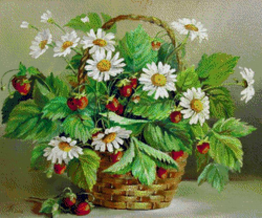 Земляника и ромашки в корзине - предпросмотр