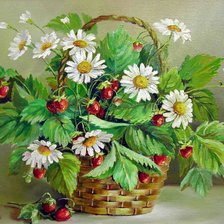 Земляника и ромашки в корзине
