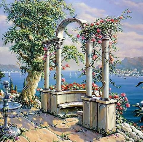 арка у моря - фонтан, море, дерево - оригинал