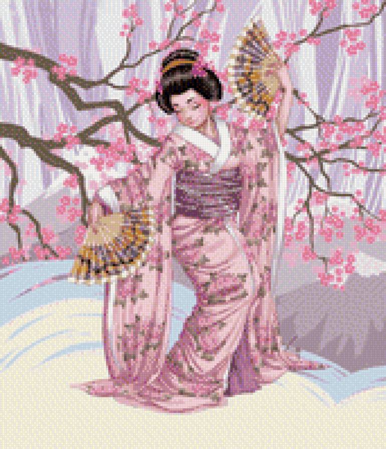 Японка - восток, сакура, женщина, девушка, дерево, веер - предпросмотр