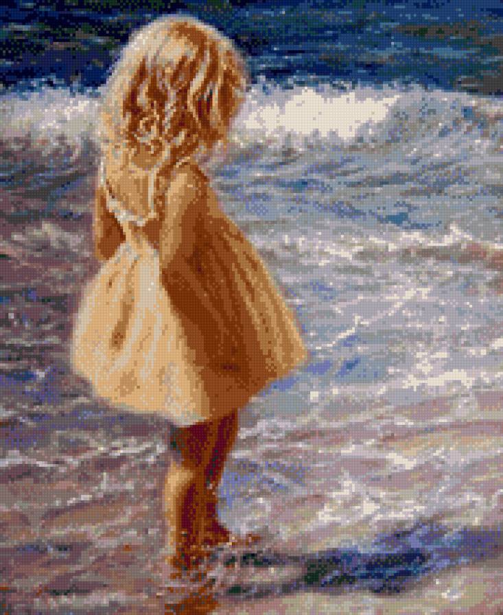 Девочка и море - дети, желтый, девочка, море, синий - предпросмотр