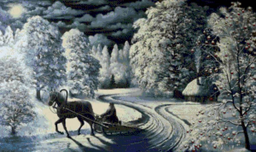 В.Марков. Дорогой длинною... - сани, пейзаж, дорога, домик, деревья, зима, живопись, лошадь - предпросмотр