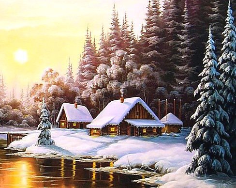 А.Найдёнов.Зимний пейзаж 2 - домик, зима, живопись, пейзаж, деревья, вода - оригинал