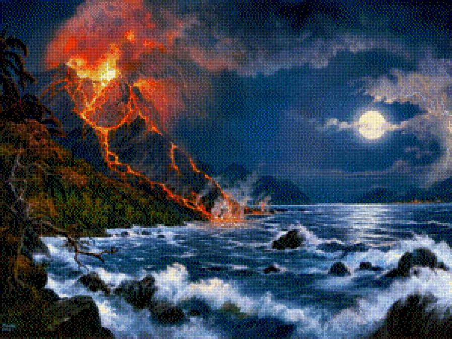 вулкан и море - ночь, вулкан, море - предпросмотр