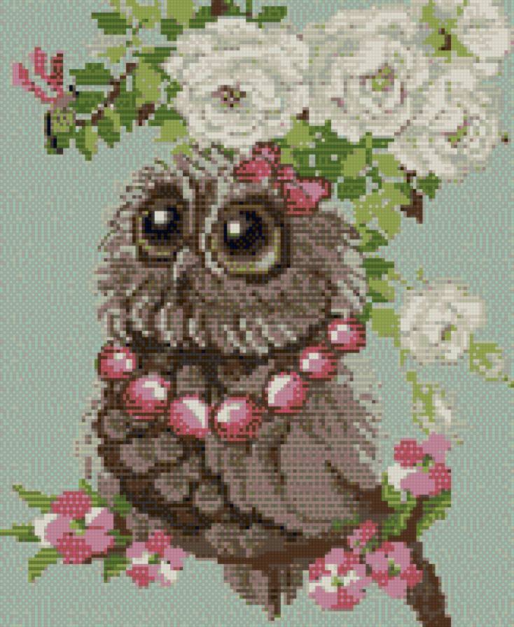 Совенок весна - сова, птица, цветы - предпросмотр