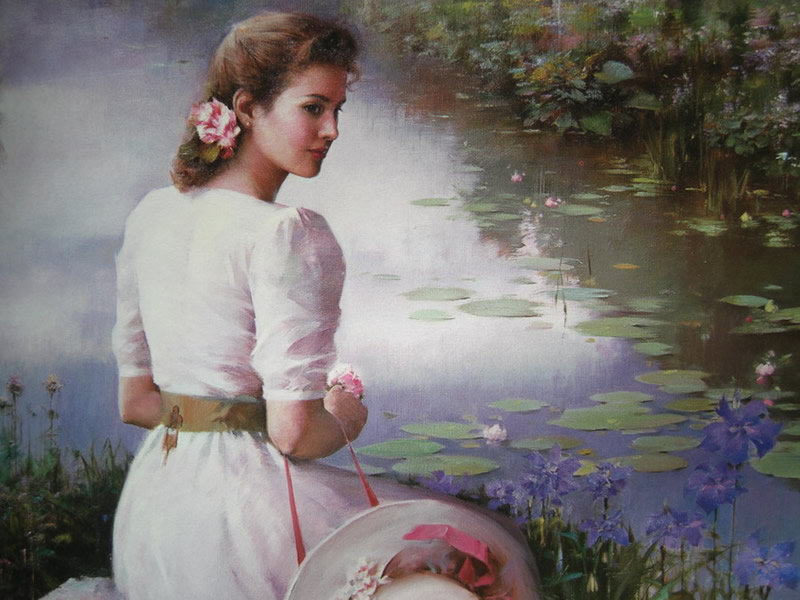 девушка у пруда - пейзаж, девушки - оригинал