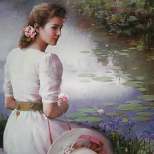 Оригинал схемы вышивки «девушка у пруда» (№610780)