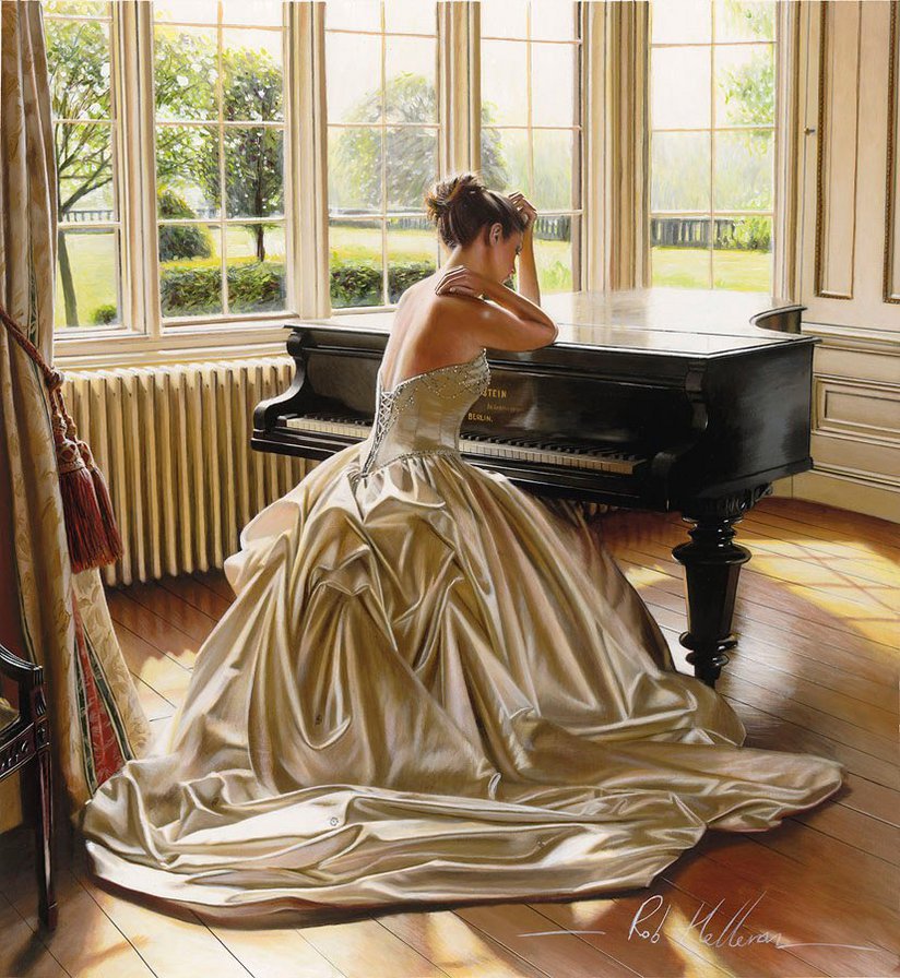 у пианино - девушка, платье, окно, пианино, женщина, рояль - оригинал