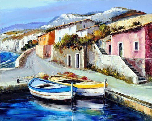 На тихой улочке... - горы, река, город, лодки, дорога, рисунок - оригинал