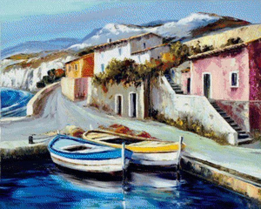 На тихой улочке... - дорога, лодки, город, рисунок, река, горы - предпросмотр