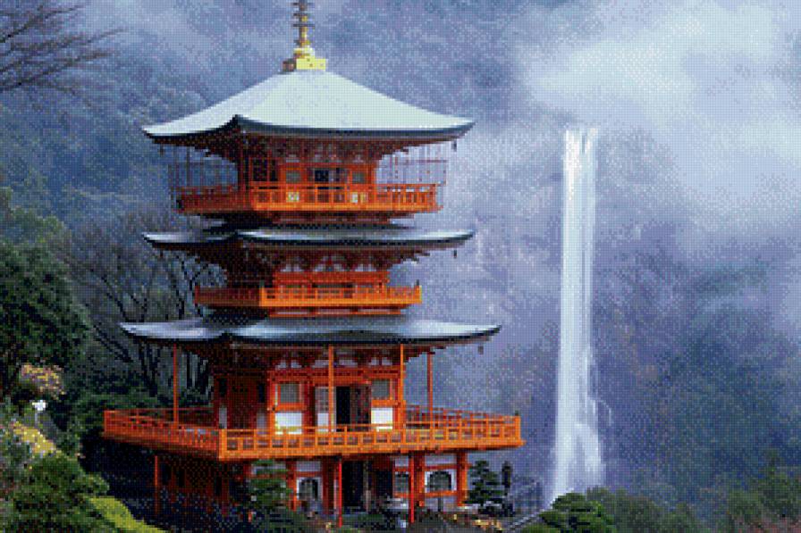 Восточная пагода - архитектура, восток, природа, водопад - предпросмотр