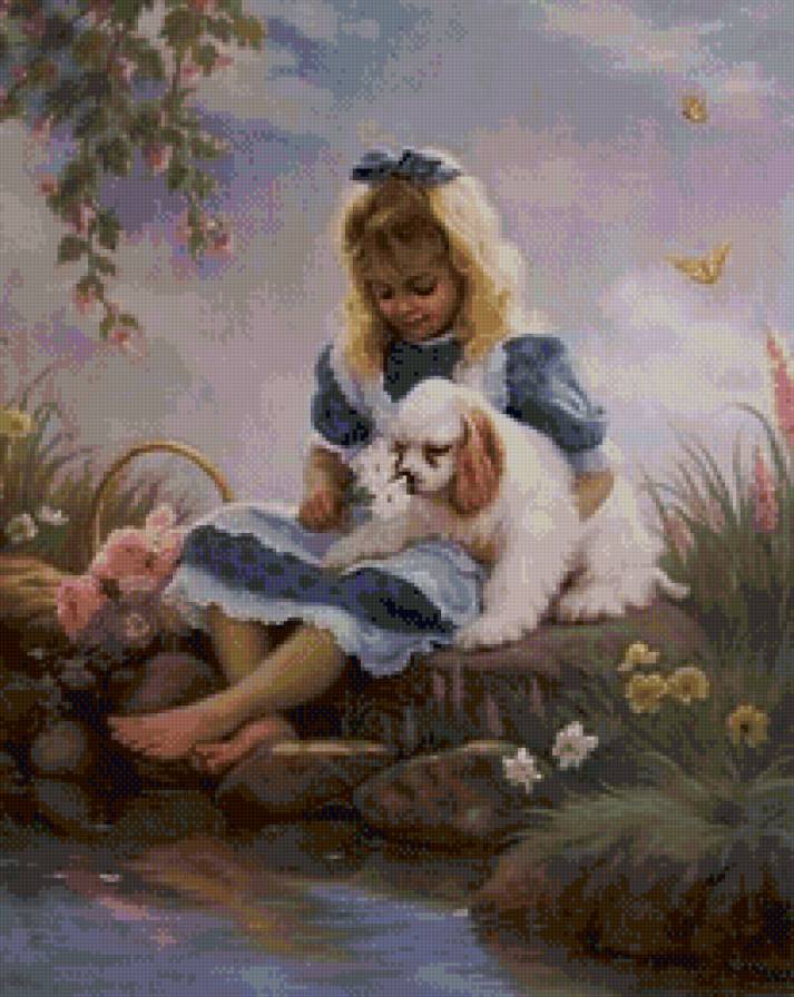 Девочка с собакой. - циеты, девочка, собака, вода - предпросмотр