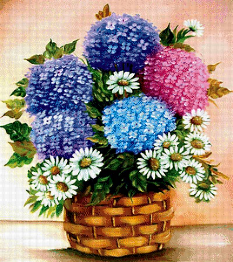 Цветы - цветы, ромашки, корзинка, гортензии - предпросмотр