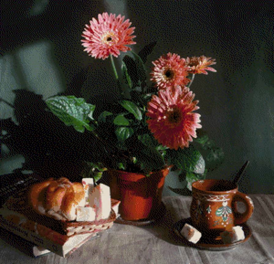 гербера - цветы.гербера.чашка.сахар.чай.кухня. - предпросмотр