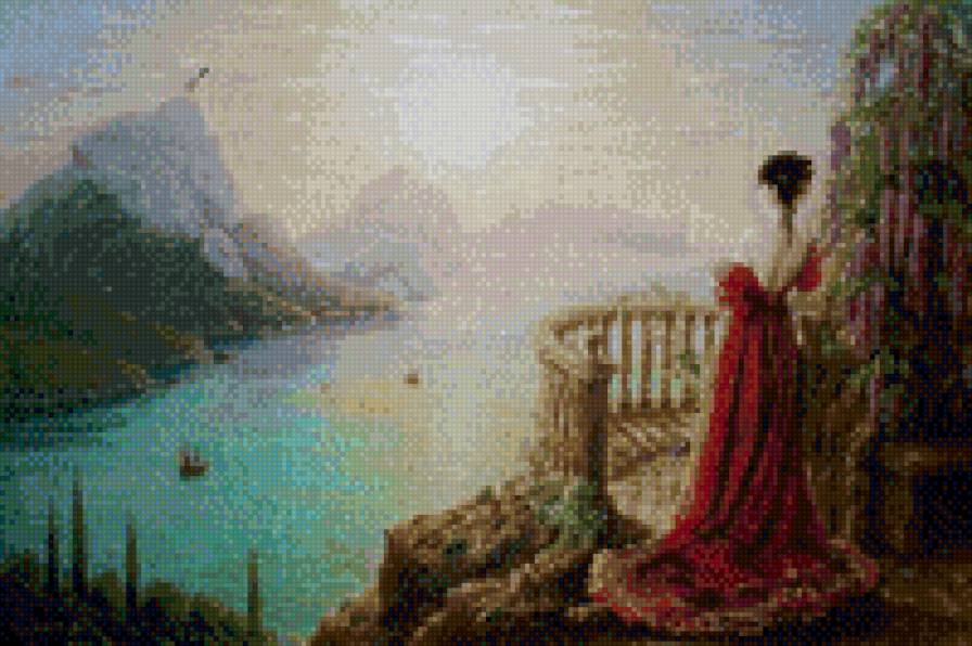 на утренней заре - море, горы, девушка, рассвет, природа - предпросмотр