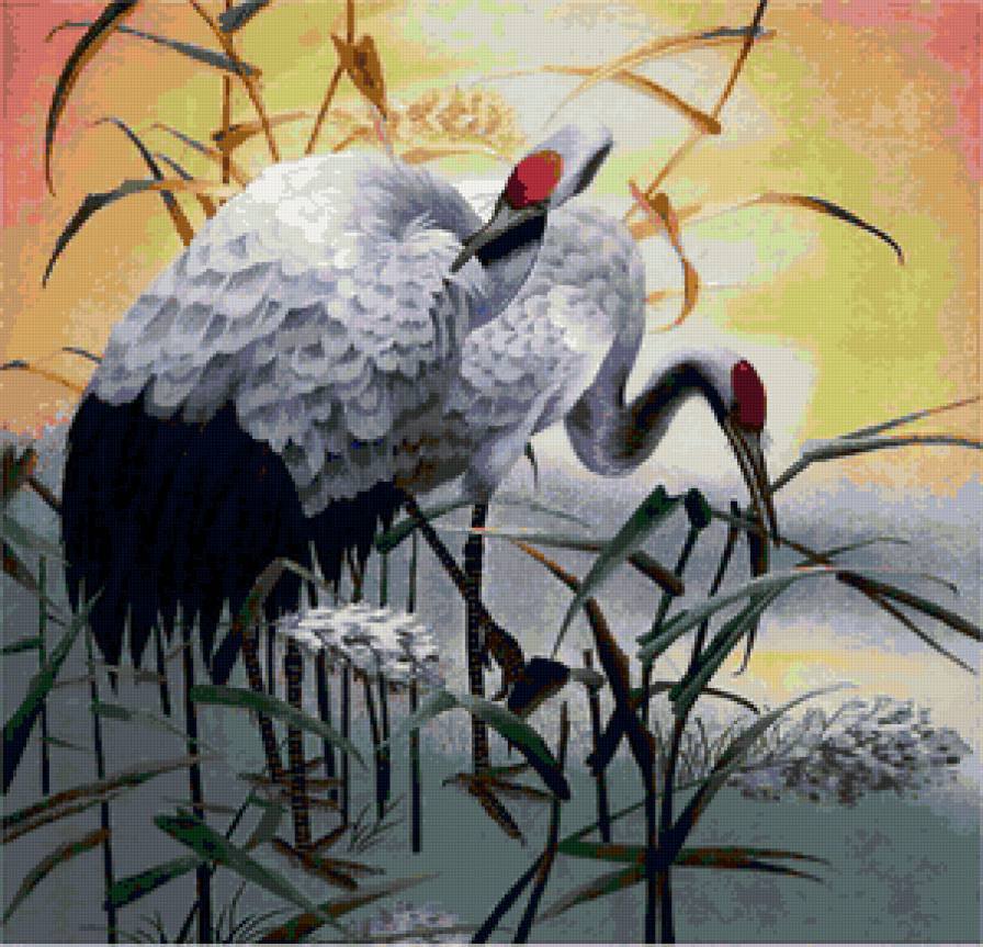 журавли у озера - природа, вода, птицы, япония, солнечный свет, японский стиль - оригинал