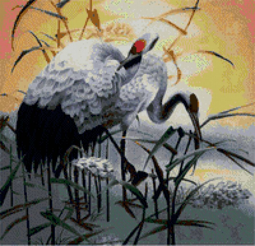 журавли у озера - япония, солнечный свет, птицы, вода, природа, японский стиль - предпросмотр