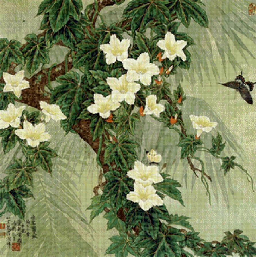 Восточная живопись - бабочки, восток, цветы - предпросмотр