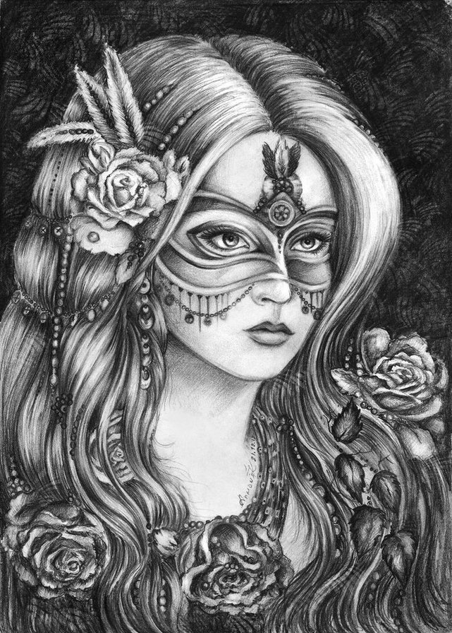 Девушка в маске - маска, монохром, дама, девушка, красавица, маскарад - оригинал