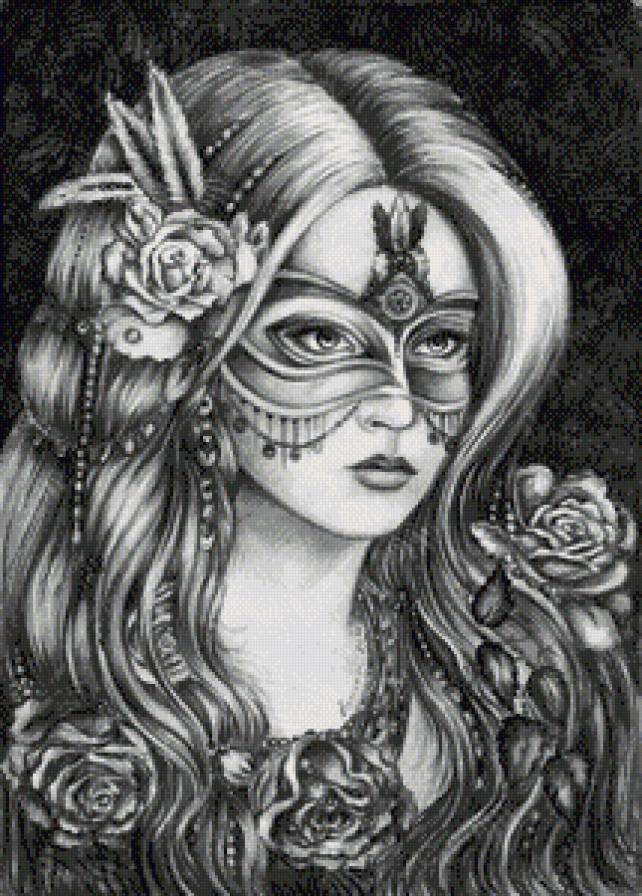 Девушка в маске - дама, красавица, монохром, маскарад, маска, девушка - предпросмотр