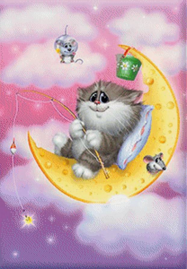 котик на луне - рыбалка, луна, отята, детские, кот, мышки, картинки - предпросмотр