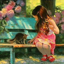 Схема вышивки «девочка и котик»