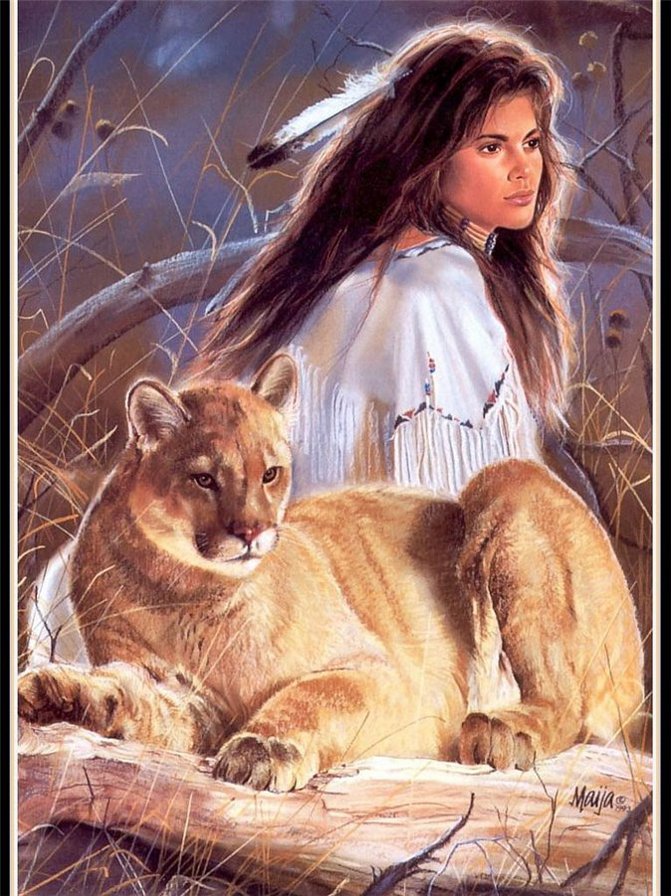 девушка и львица - девушка, животные - оригинал