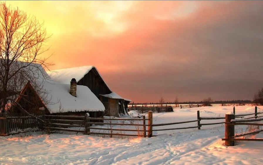 вечер в деревне - зима, природа - оригинал