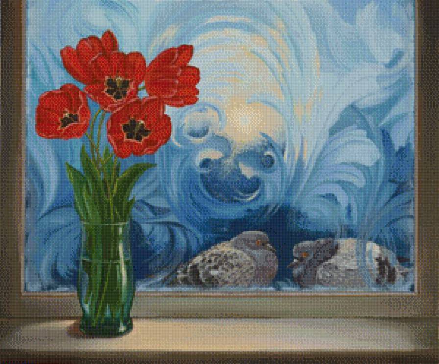 Букет тюльпанов - тюльпаны, букет, голуби - предпросмотр