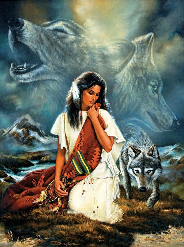 Коллекция "Волки" - девушка, волки, животные - оригинал