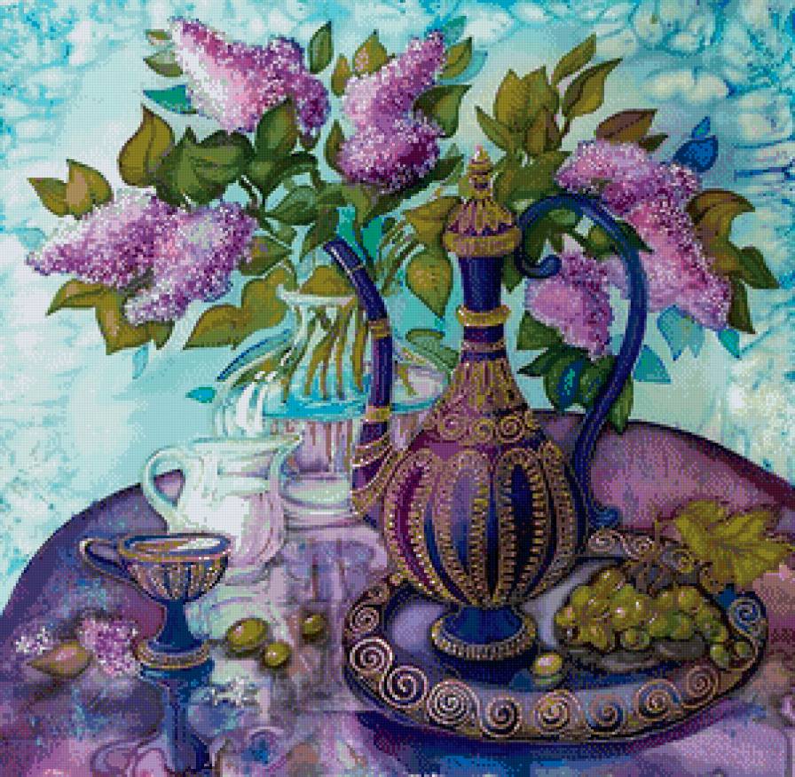 натюрморт с сиренью и кувшином - сирень, натюрморт, цветы - предпросмотр