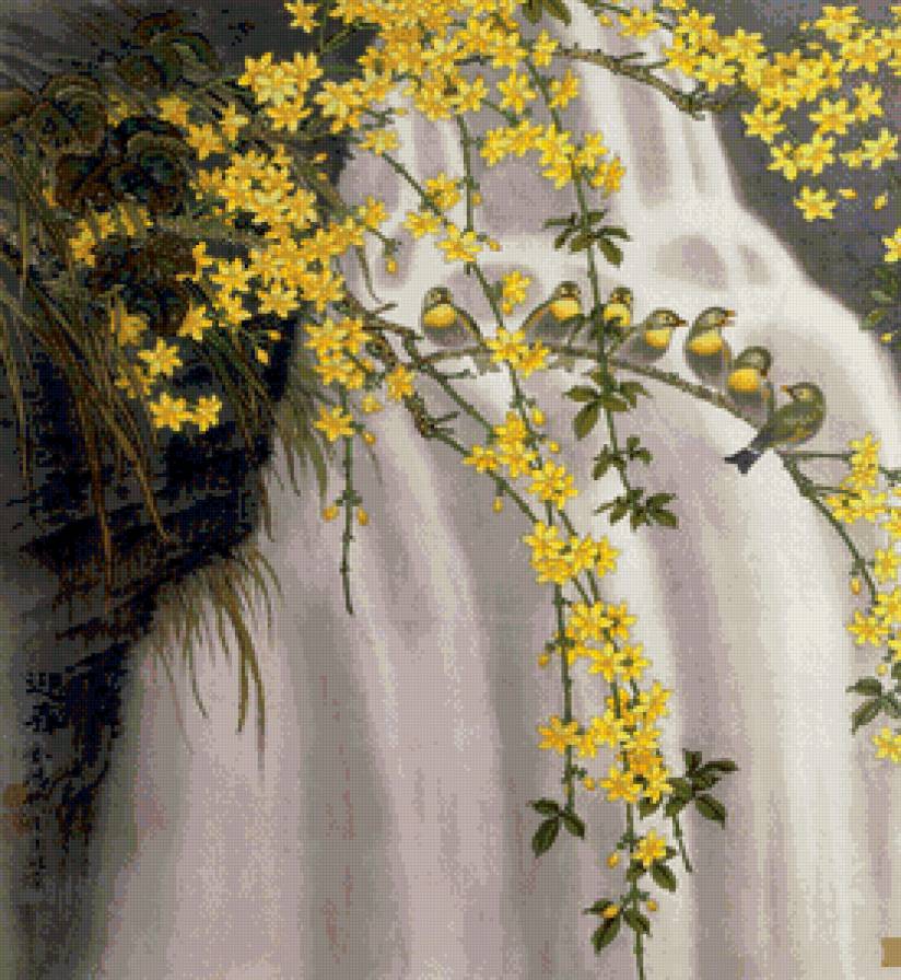 птицы у водопада - водопад, природа, пейзаж, птицы - предпросмотр