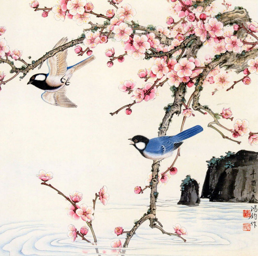 цветущая сакура и птицы - восток, птицы, сакура - оригинал
