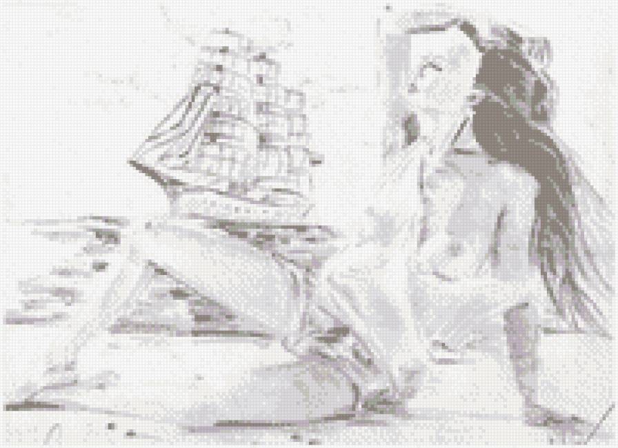 девушка и корабль - девушка, корабль, монохром - предпросмотр