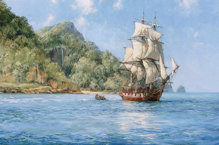 необитаемый остров - остров, корабль, деревья, моряк, лодка - оригинал
