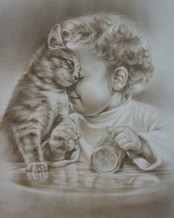 BEBE CON GATOTO - bebe gato nino sepia - оригинал