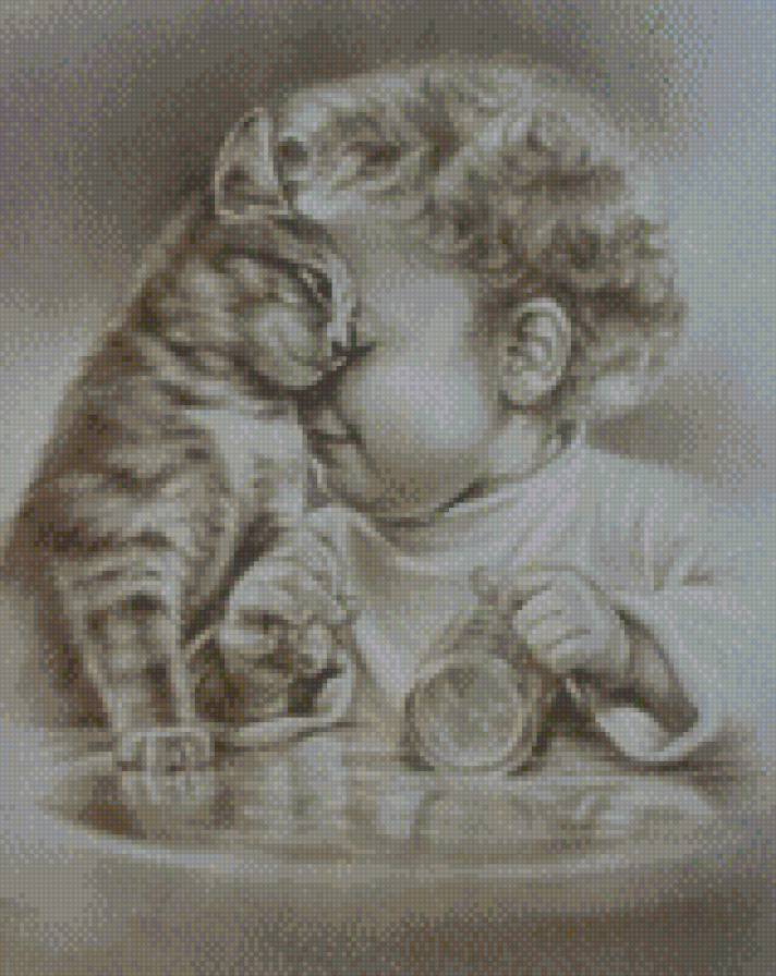 BEBE CON GATOTO - bebe gato nino sepia - предпросмотр