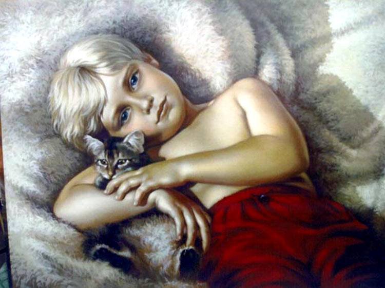 NINO CON GATO A CAMA - nino gato sepia - оригинал