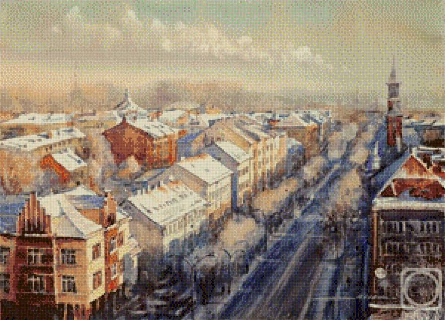 Клайпеда - акварель, дома, город, зима - предпросмотр