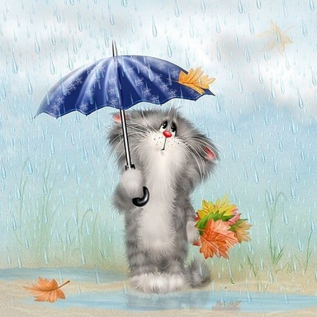 котик под зонтом - котик, детские, открытки, дождь, картинки, зонт, кот - оригинал