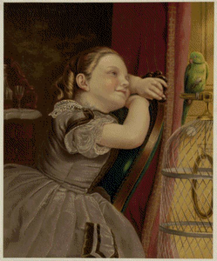 Девочка и попугай - девочки, живопись, портрет, птицы, попугаи, дети - предпросмотр