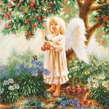 Оригинал схемы вышивки «ангелочек с яблоками» (№616740)