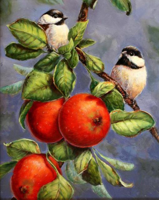 0189 - картина, птицы, красота, синицы, лето, природа, яблоки - оригинал