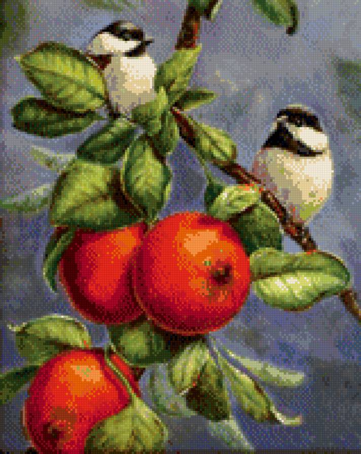 0189 - лето, птицы, картина, яблоки, красота, синицы, природа - предпросмотр