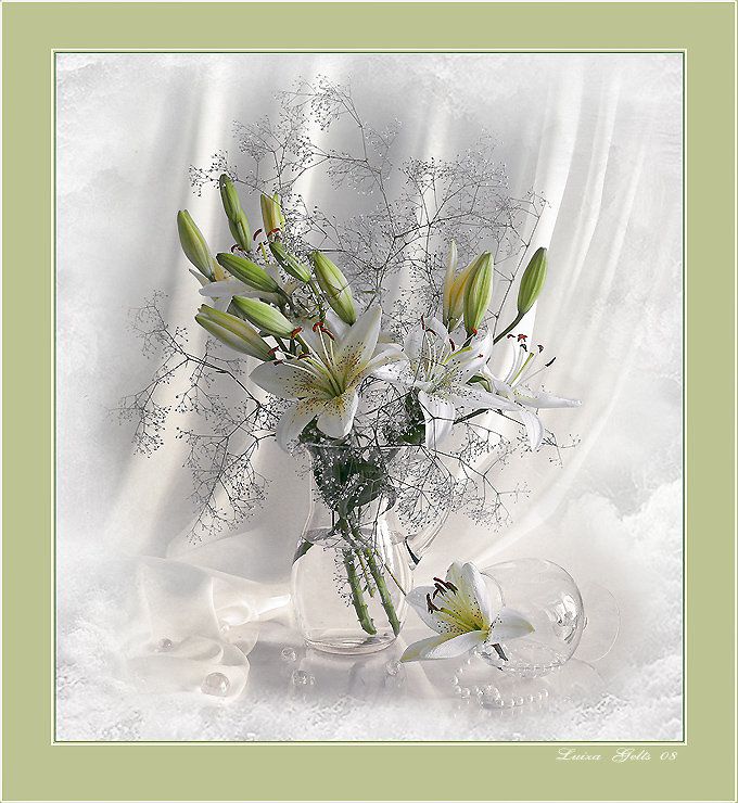 Белый натюрморт - ваза, белый, бокал, лилии, натюрморт - оригинал