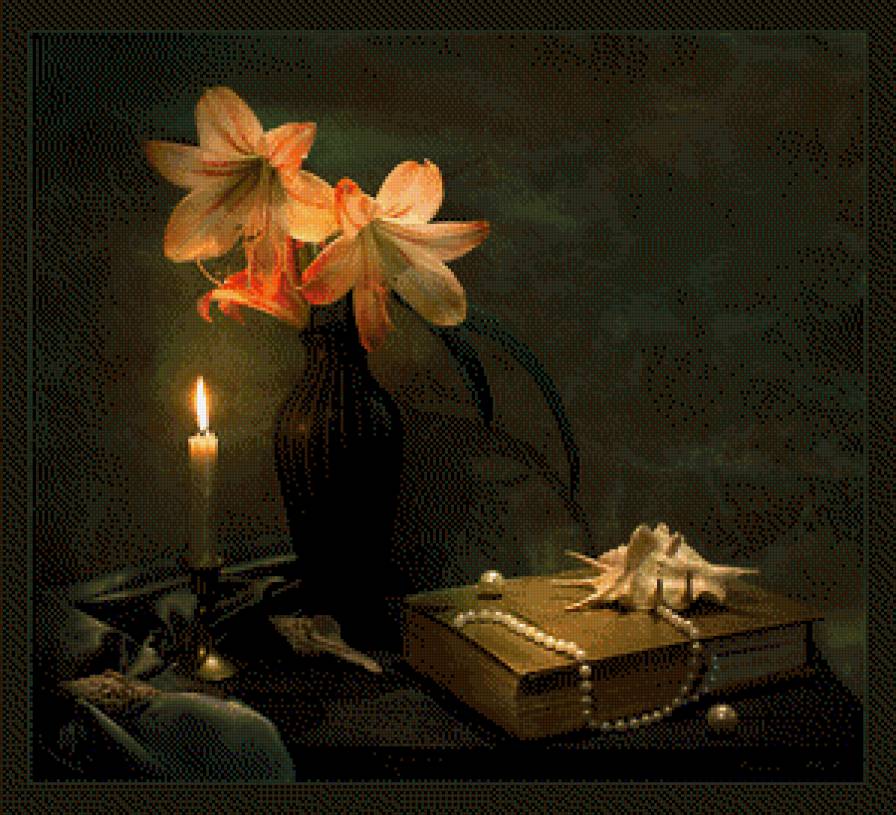 Натюрморт - бокал, книга, свеча, ракушка, ваза, лилии, жемчуг, натюрморт - предпросмотр