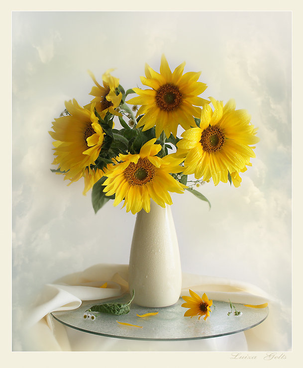 Натюрморт - цветы, лето, натюрморт, желтый, ваза, бокал - оригинал