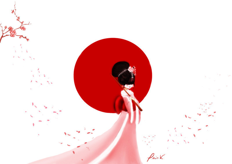 Девушка - япония, сакура, девушка, зонтик, красный, время, белый, платье - оригинал