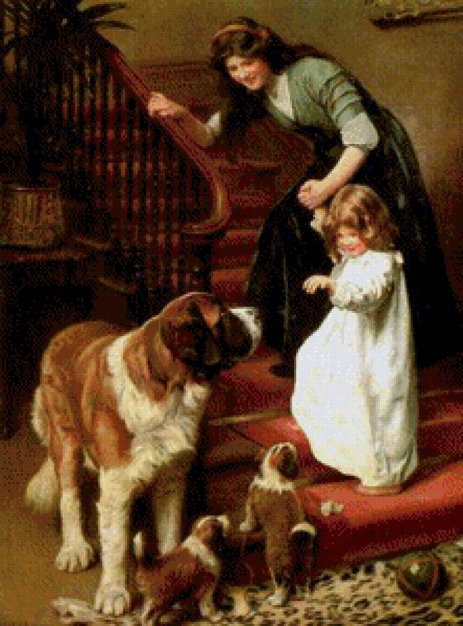 Мать - щенки, ребенок, женщина - предпросмотр