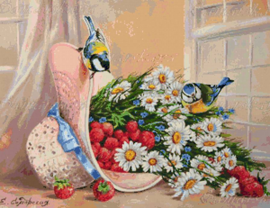 гости - птички, шляпа, букет, цветы - предпросмотр